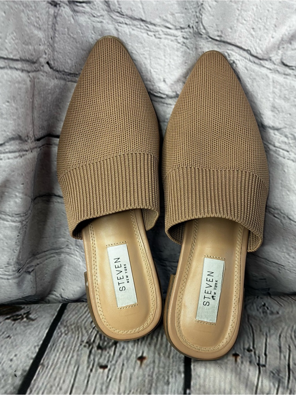 Steven New York Minimalist Valdez Nude Pointed Toe Knit Mules Sz 7 Slip On Flats